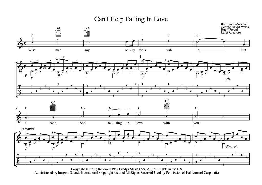 Can T Help Falling In Love Chitarra